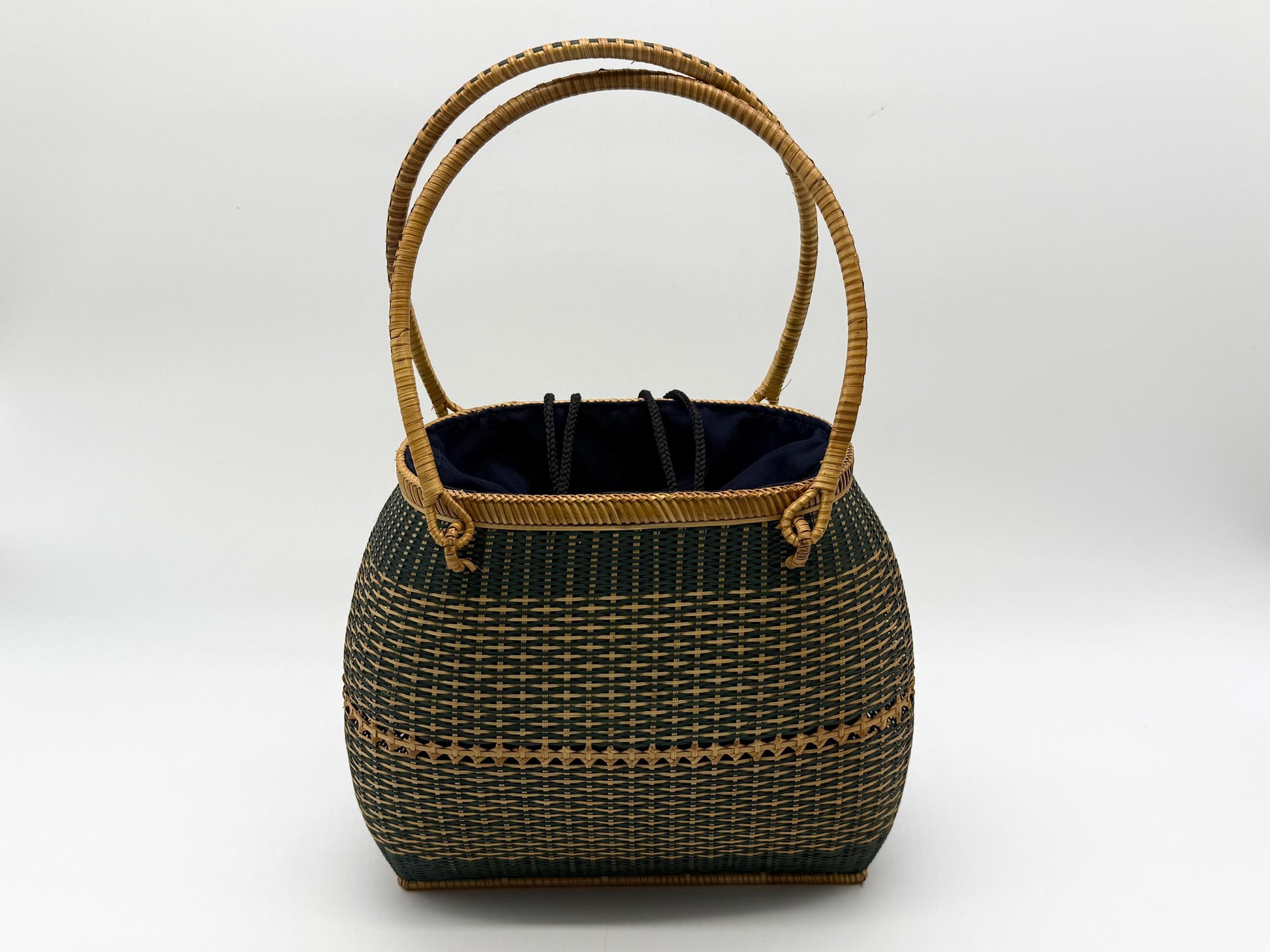 Handwoven Bamboo Handbag, Vintage Rattan Purse, Handmade Wicker Basket Bag with Fabric Lining, Boho Summer Shoulder Tote, 9.1x3.7x16.1in
