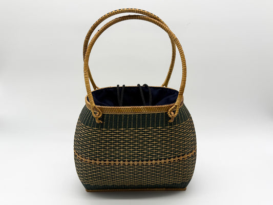 Handwoven Bamboo Handbag, Vintage Rattan Purse, Handmade Wicker Basket Bag with Fabric Lining, Boho Summer Shoulder Tote, 9.1x3.7x16.1in