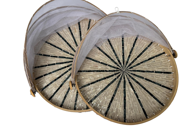 Bamboo Food Cover with Mother of Pearl Tray, Foldable Mesh Food Tent, Handmade Serving Tray, Fruit Cover, Kitchen Decor