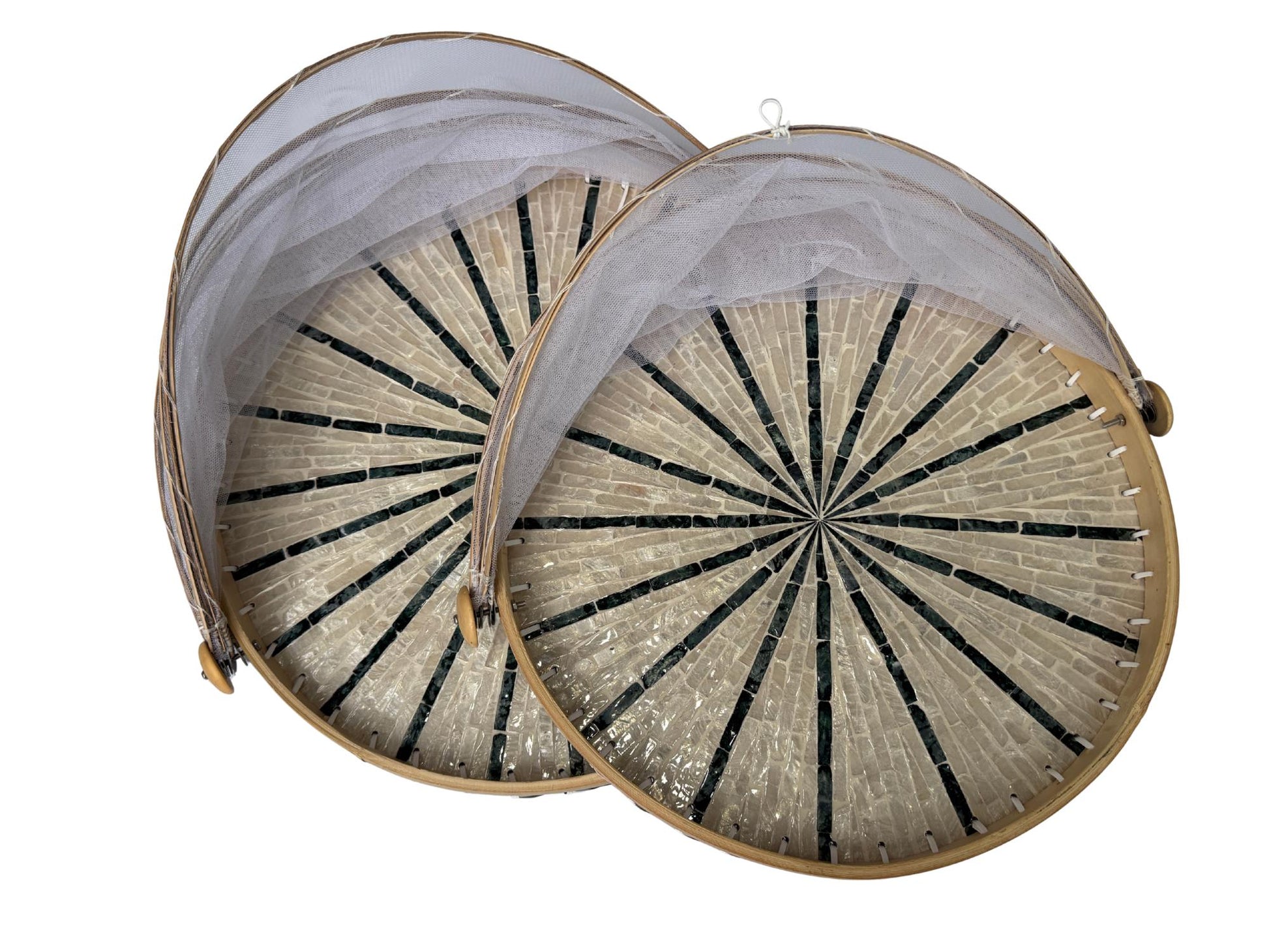 Bamboo Food Cover with Mother of Pearl Tray, Foldable Mesh Food Tent, Handmade Serving Tray, Fruit Cover, Kitchen Decor