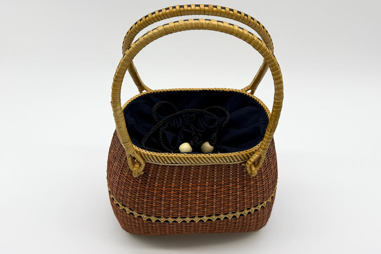 Small Bamboo Basket Handbag, Handmade Rattan Purse with Fabric Lining, Woven Summer Tote Bag, Boho Shoulder Bag, 7.1x3.5x12.2in