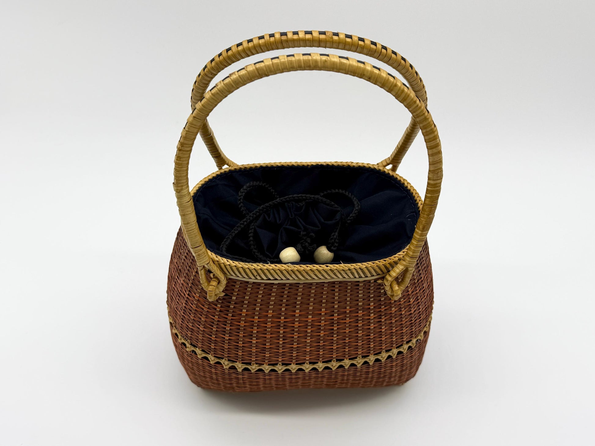Small Bamboo Basket Handbag, Handmade Rattan Purse with Fabric Lining, Woven Summer Tote Bag, Boho Shoulder Bag, 7.1x3.5x12.2in