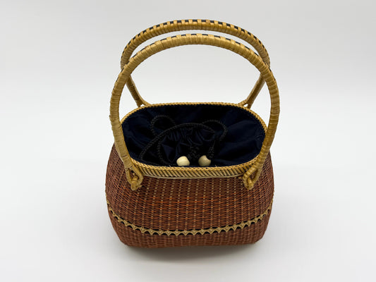 Small Bamboo Basket Handbag, Handmade Rattan Purse with Fabric Lining, Woven Summer Tote Bag, Boho Shoulder Bag, 7.1x3.5x12.2in