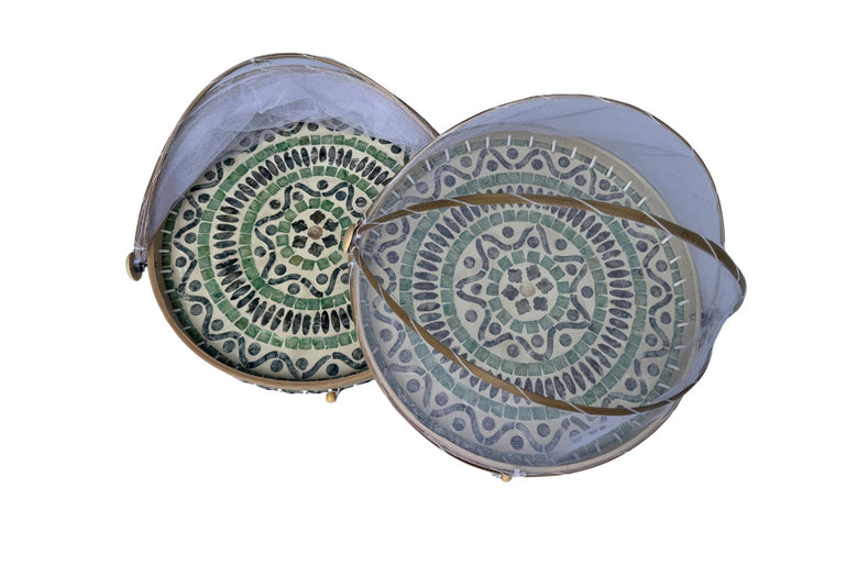 Round Bamboo Food Cover with Mother of Pearl Base 40cm – Handwoven Mesh Food Tent for Elegant Table Setting