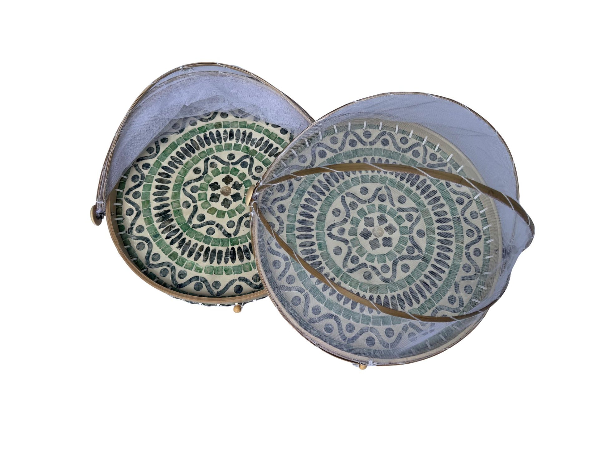 Round Bamboo Food Cover with Mother of Pearl Base 40cm – Handwoven Mesh Food Tent for Elegant Table Setting