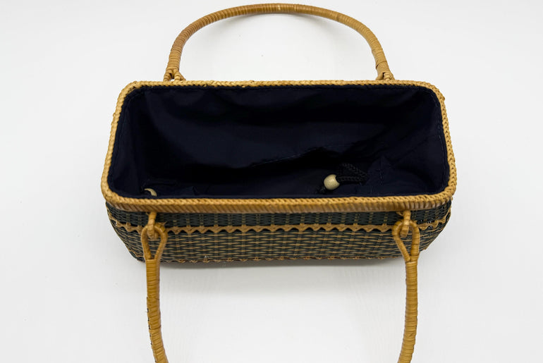 Handwoven Rectangular Bamboo Handbag, Wicker Basket Purse with Fabric Lining, Boho Top Handle Bag, Summer Tote, 9.4x3.9x10.2in