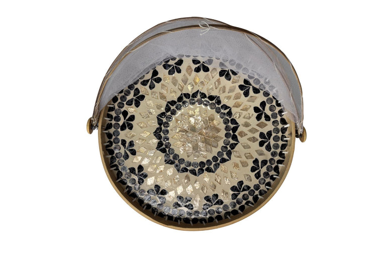 Round Bamboo Food Cover with Mother of Pearl Base 40cm – Handwoven Mesh Food Tent for Elegant Table Setting