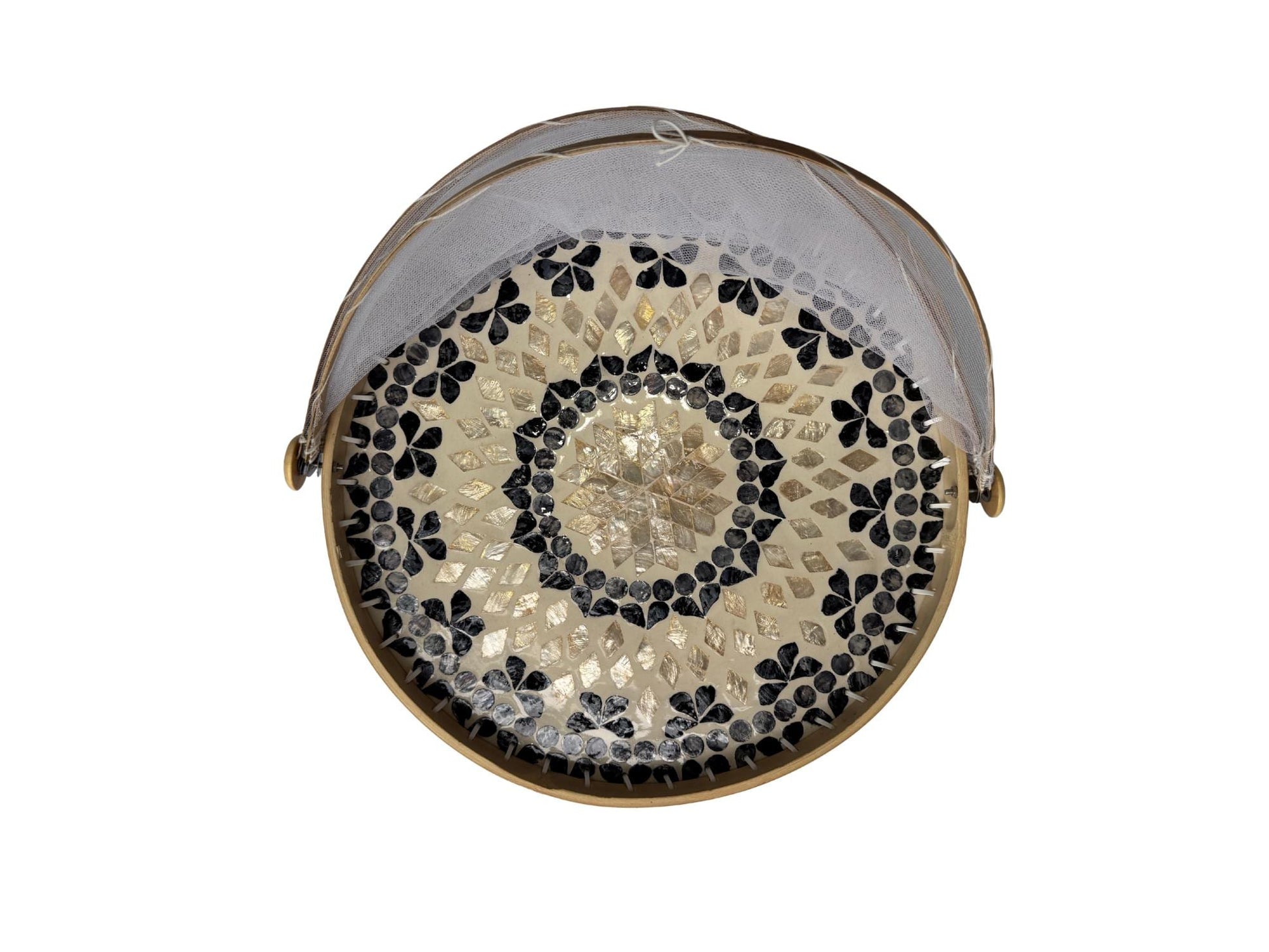 Round Bamboo Food Cover with Mother of Pearl Base 40cm – Handwoven Mesh Food Tent for Elegant Table Setting