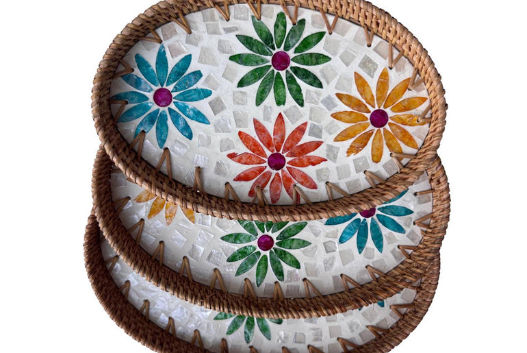 Oval Rattan Tray with Mother of Pearl Inlay – Boho Coffee Table, Ottoman Styling, Serving