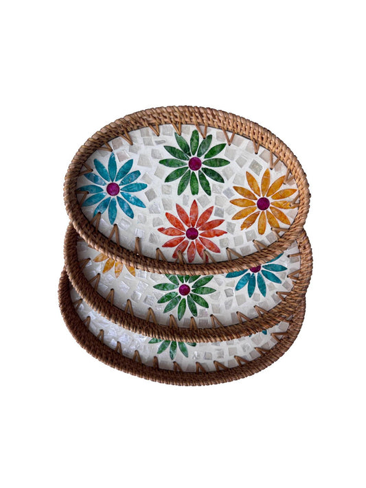 Oval Rattan Tray with Mother of Pearl Inlay – Boho Coffee Table, Ottoman Styling, Serving