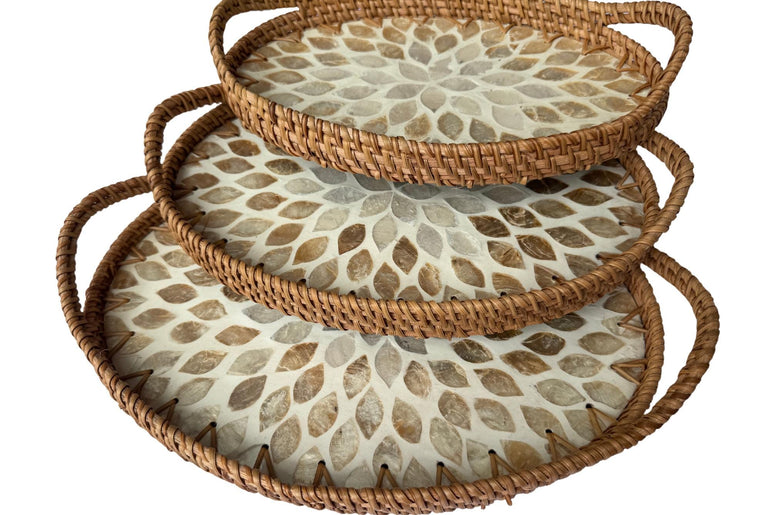 Oval Rattan Tray with Handles and Mother of Pearl Inlay Base, Handmade Woven Serving Tray, Boho Home Decor, Handmade Vietnam