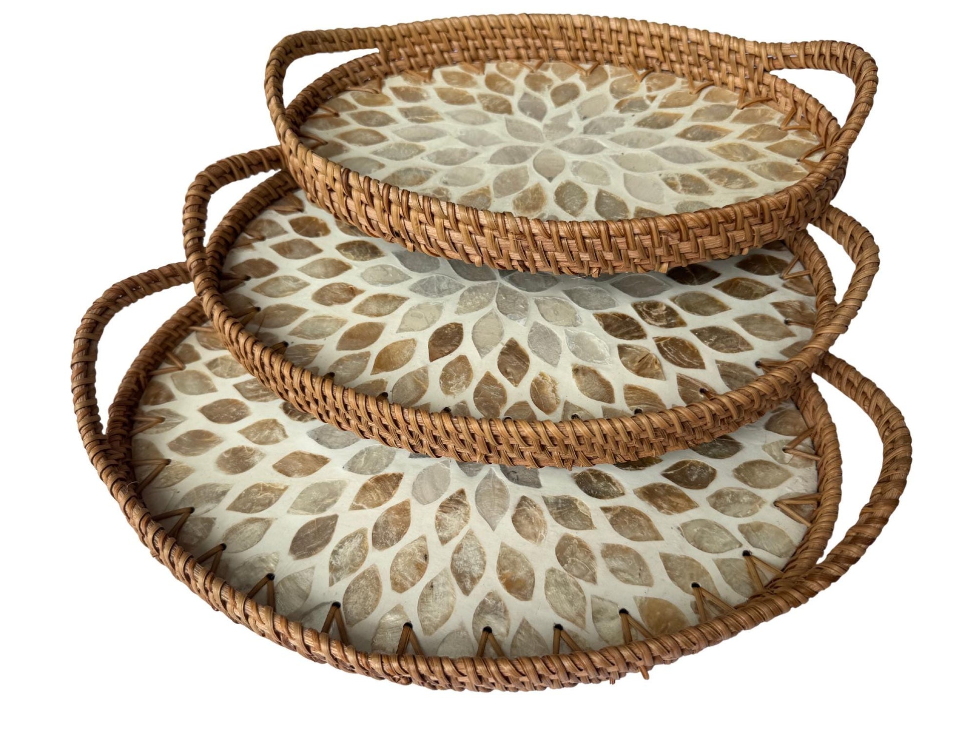Oval Rattan Tray with Handles and Mother of Pearl Inlay Base, Handmade Woven Serving Tray, Boho Home Decor, Handmade Vietnam