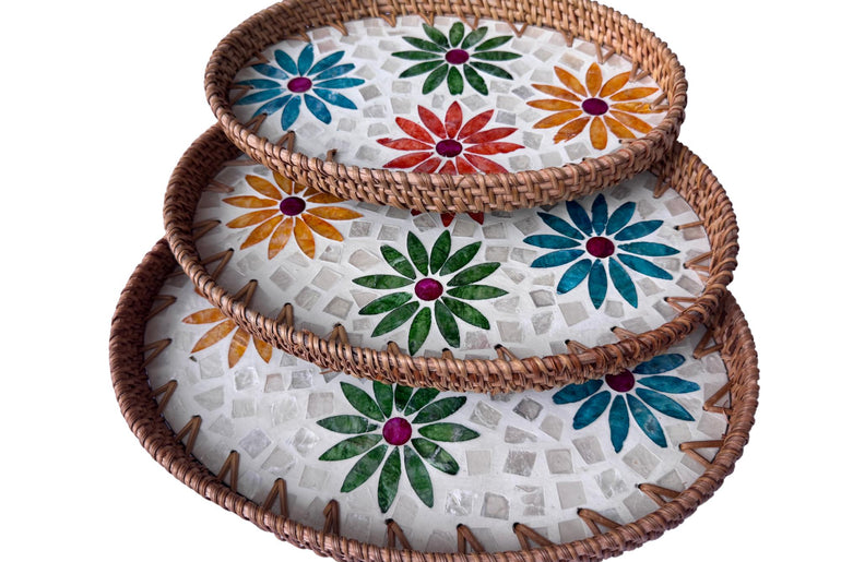 Oval Rattan Tray with Mother of Pearl Inlay – Boho Coffee Table, Ottoman Styling, Serving
