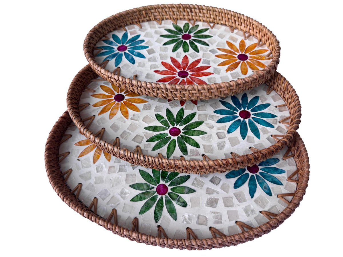 Oval Rattan Tray with Mother of Pearl Inlay – Boho Coffee Table, Ottoman Styling, Serving