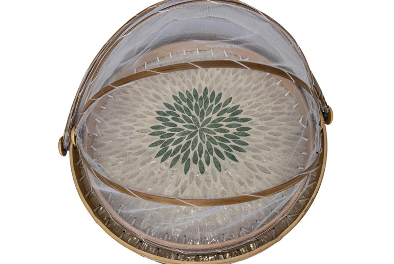 Bamboo Food Cover with Mother of Pearl Tray, Foldable Mesh Food Tent, Handmade Serving Tray, Fruit Cover, Kitchen Decor