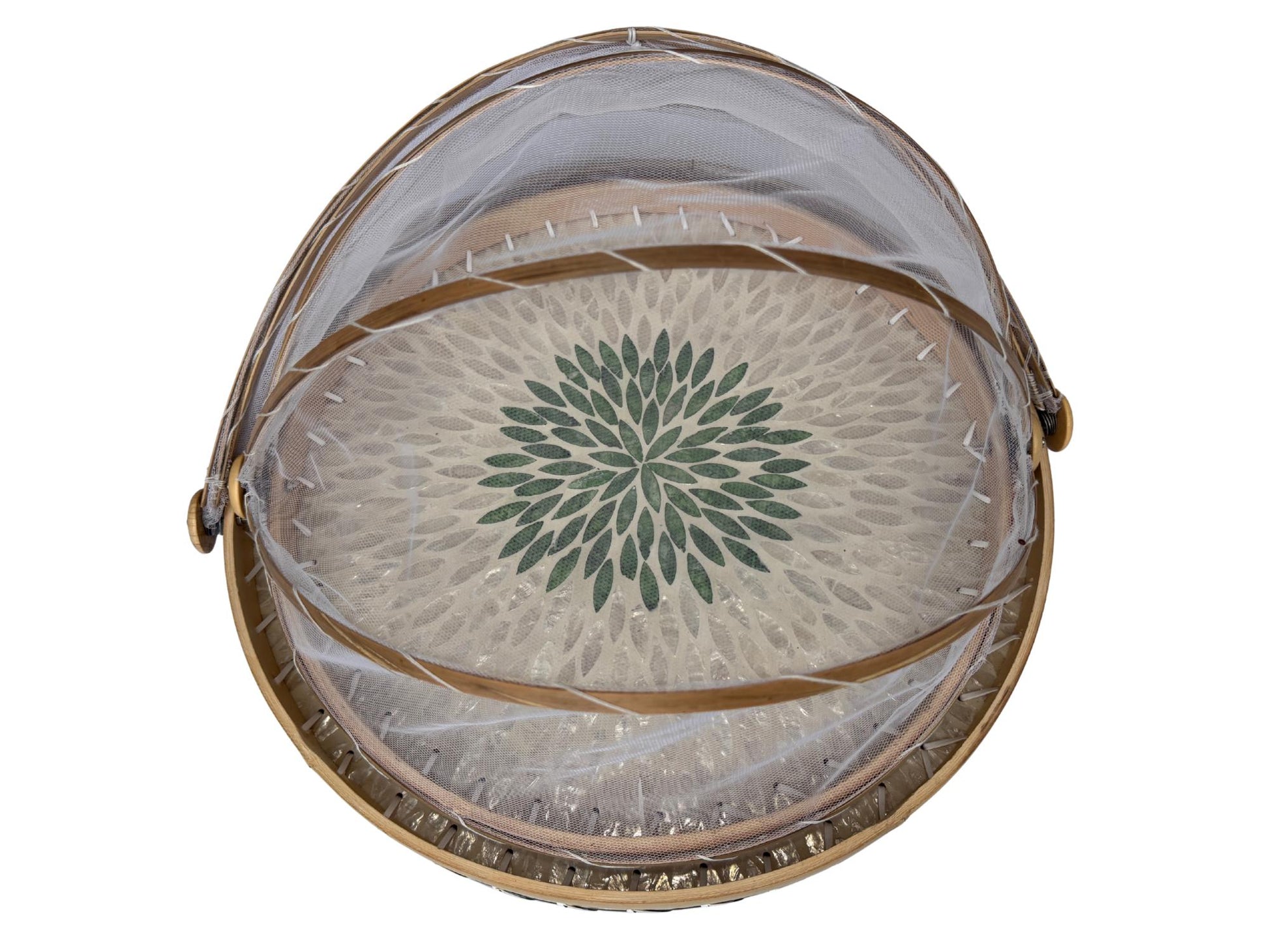 Bamboo Food Cover with Mother of Pearl Tray, Foldable Mesh Food Tent, Handmade Serving Tray, Fruit Cover, Kitchen Decor