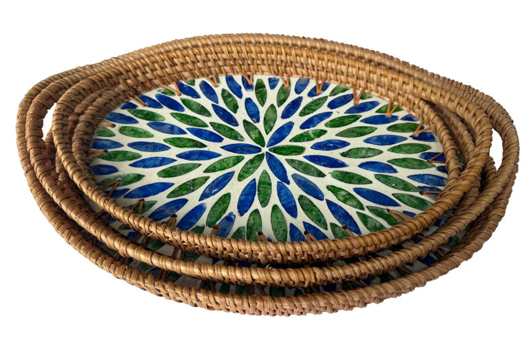 Oval Rattan Tray with Handles and Mother of Pearl Inlay Base, Handmade Woven Serving Tray, Boho Home Decor, Handmade Vietnam