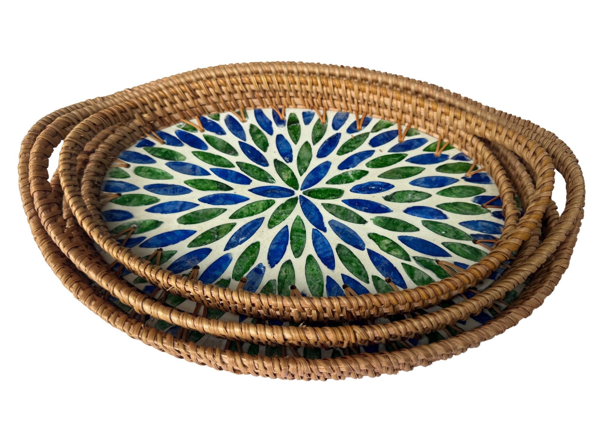 Oval Rattan Tray with Handles and Mother of Pearl Inlay Base, Handmade Woven Serving Tray, Boho Home Decor, Handmade Vietnam
