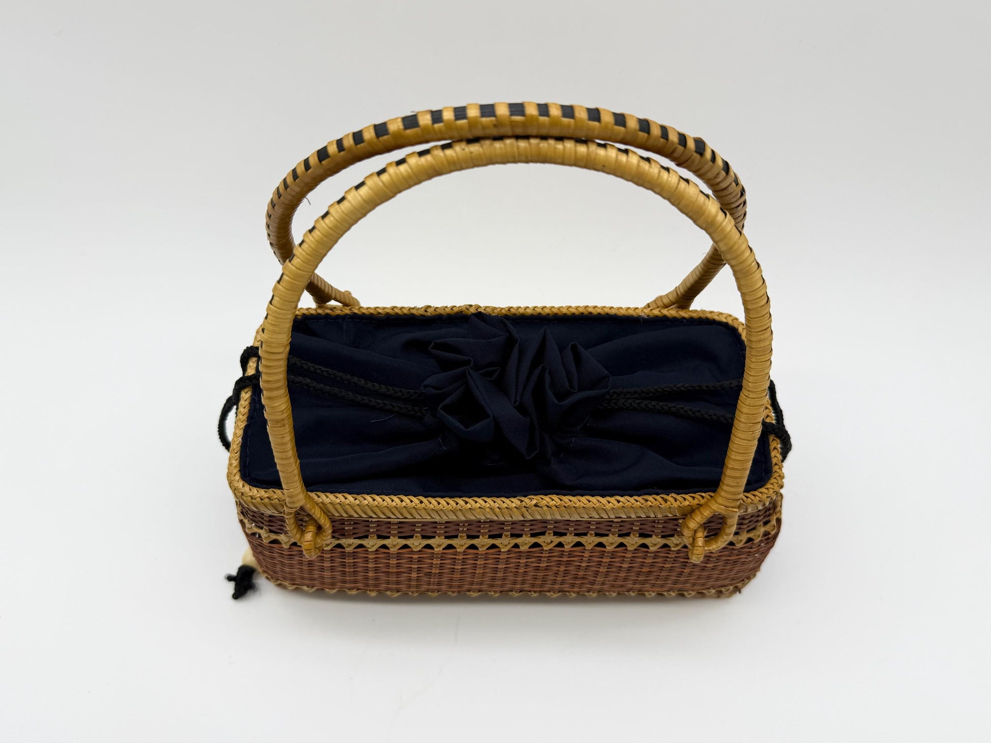 Handwoven Rectangular Bamboo Handbag, Wicker Basket Purse with Fabric Lining, Boho Top Handle Bag, Summer Tote, 9.4x3.9x10.2in