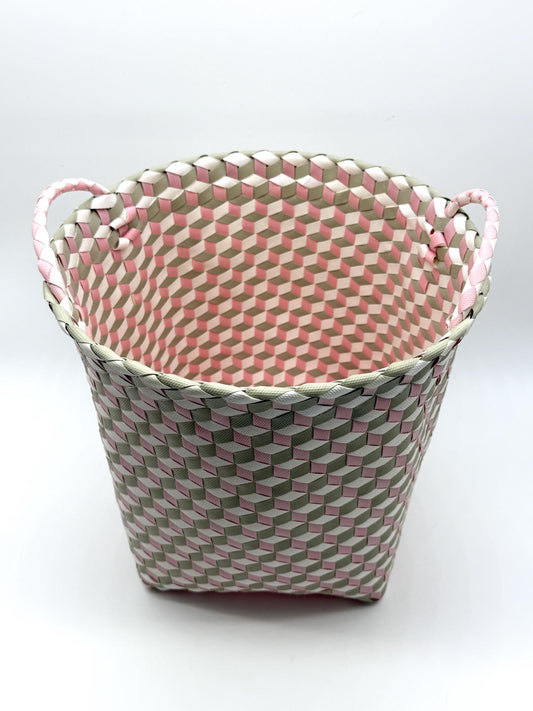 3D Woven Plastic Storage Basket with Handles, Handmade Laundry Basket, Decorative Organizer Bin for Toys Bathroom Nursery