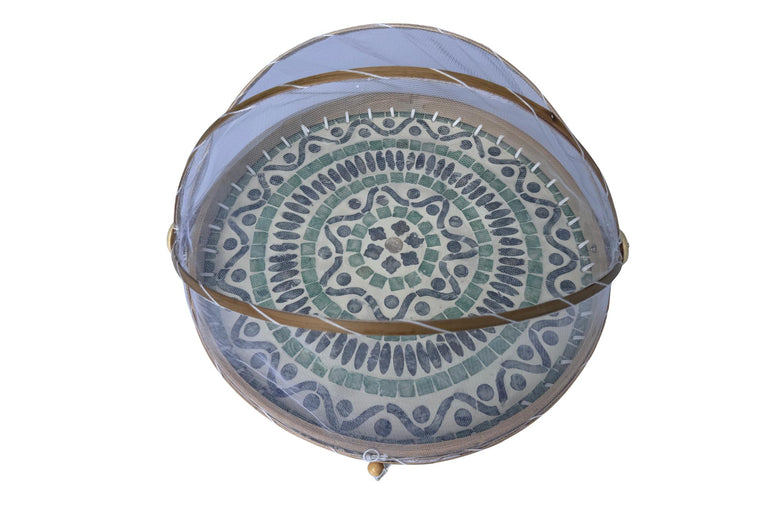 Round Bamboo Food Cover with Mother of Pearl Base 40cm – Handwoven Mesh Food Tent for Elegant Table Setting