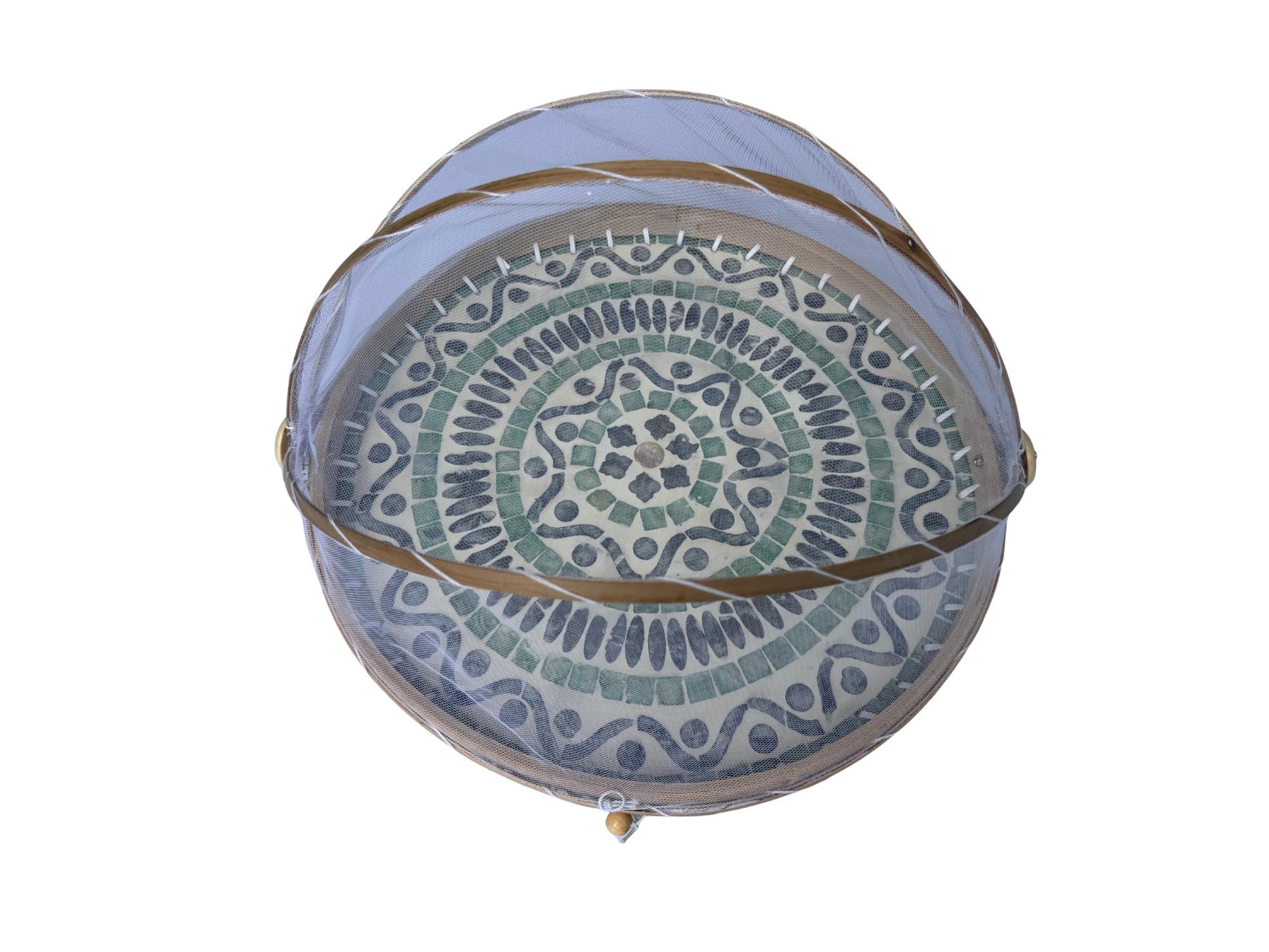 Round Bamboo Food Cover with Mother of Pearl Base 40cm – Handwoven Mesh Food Tent for Elegant Table Setting