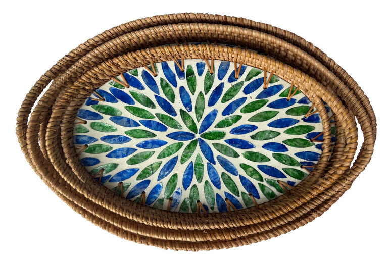 Oval Rattan Tray with Handles and Mother of Pearl Inlay Base, Handmade Woven Serving Tray, Boho Home Decor, Handmade Vietnam