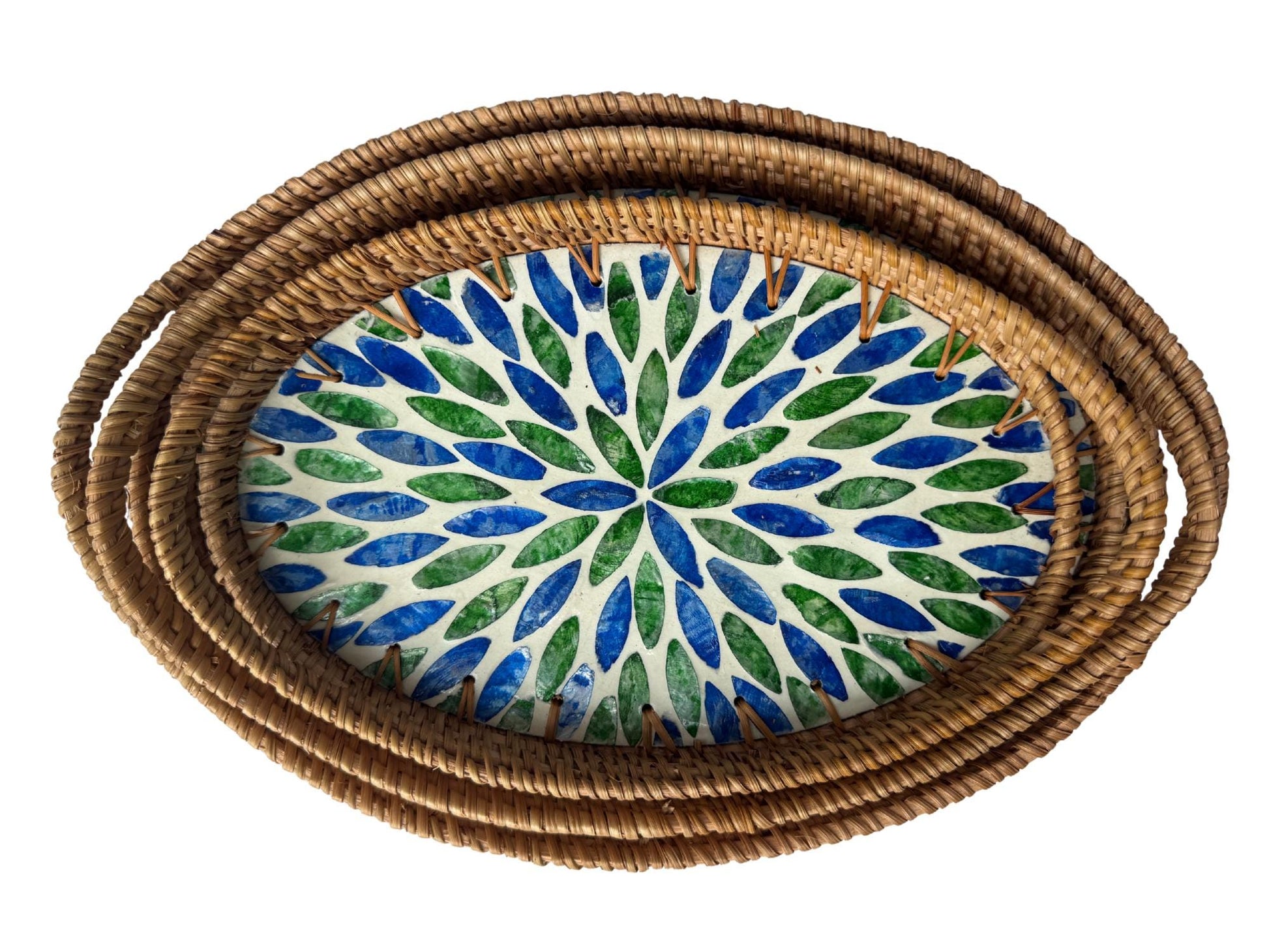 Oval Rattan Tray with Handles and Mother of Pearl Inlay Base, Handmade Woven Serving Tray, Boho Home Decor, Handmade Vietnam