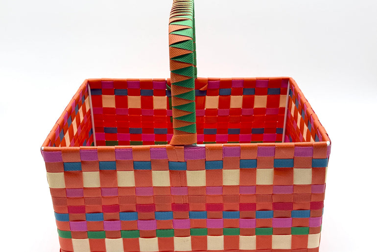 Large Woven Plastic Basket with Handle, Easter Basket, Colorful Storage Basket, Gift Basket, Picnic Basket, Toy Organizer