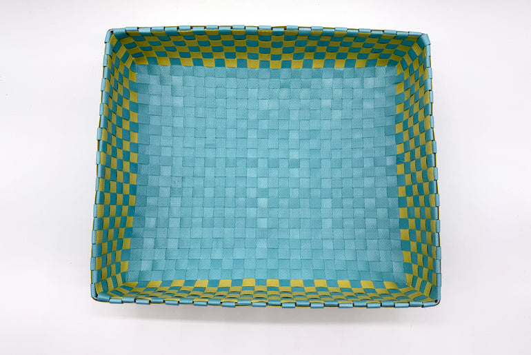 Checkered Woven Plastic Tray, Colorful Handwoven Serving Tray, Large Boho Catchall Basket, Waterproof Bathroom Vanity Tray, Desk Organizer