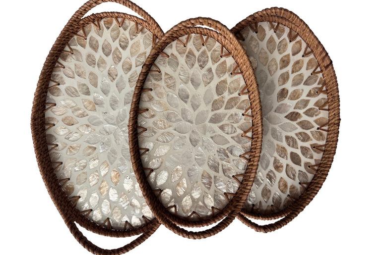 Oval Rattan Tray with Handles and Mother of Pearl Inlay Base, Handmade Woven Serving Tray, Boho Home Decor, Handmade Vietnam