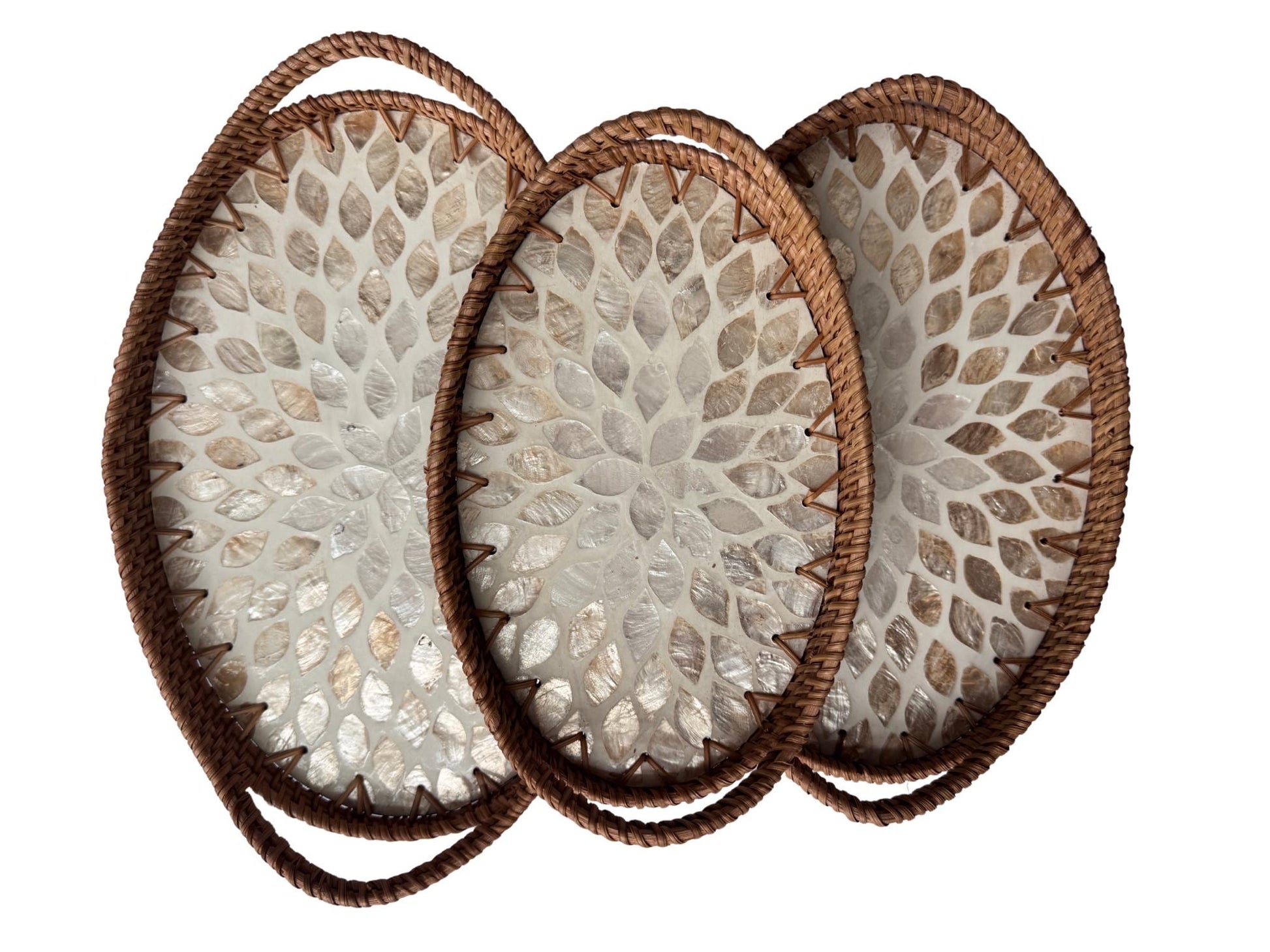 Oval Rattan Tray with Handles and Mother of Pearl Inlay Base, Handmade Woven Serving Tray, Boho Home Decor, Handmade Vietnam
