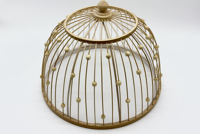 Round Bamboo Food Cover with Wooden Beads, Handwoven Bamboo Mesh Dish Cover Dome for Kitchen Table, Rustic Kitchen Gift 10–16 Inch
