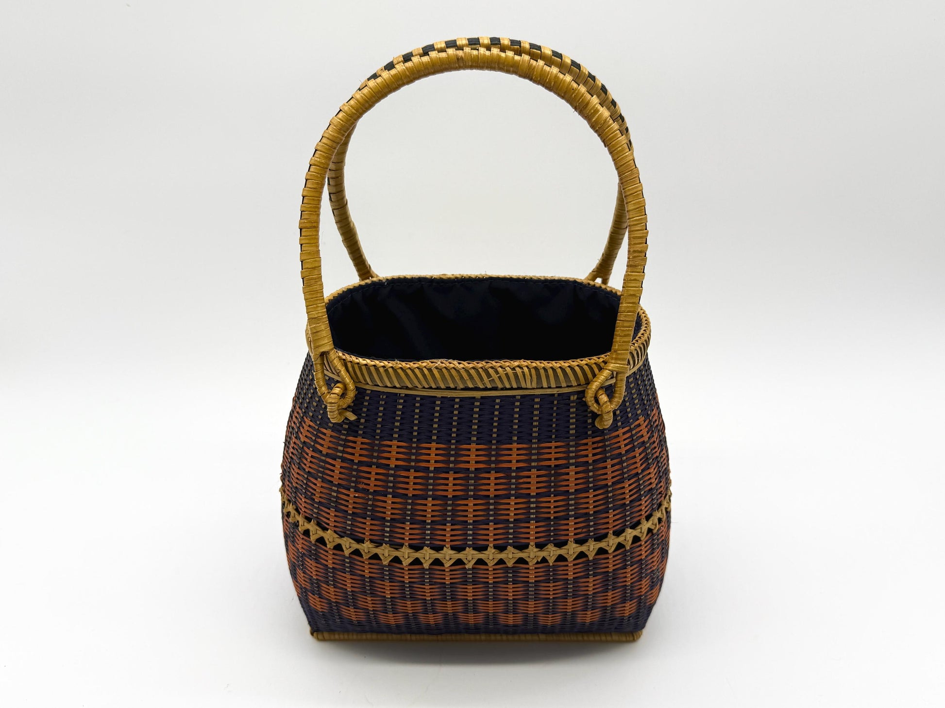 Small Bamboo Basket Handbag, Handmade Rattan Purse with Fabric Lining, Woven Summer Tote Bag, Boho Shoulder Bag, 7.1x3.5x12.2in