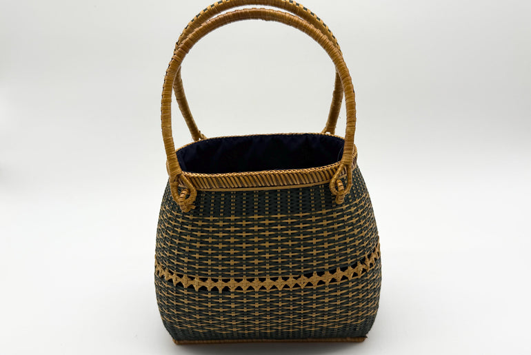 Small Bamboo Basket Handbag, Handmade Rattan Purse with Fabric Lining, Woven Summer Tote Bag, Boho Shoulder Bag, 7.1x3.5x12.2in