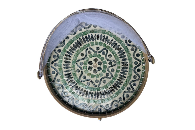 Round Bamboo Food Cover with Mother of Pearl Base 40cm – Handwoven Mesh Food Tent for Elegant Table Setting