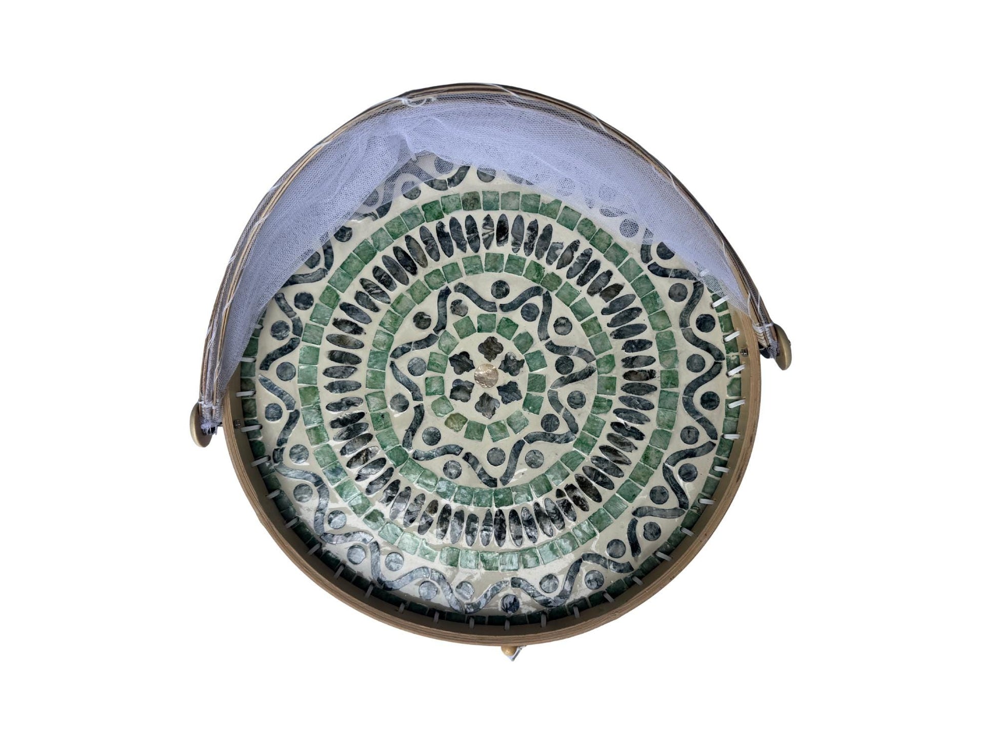 Round Bamboo Food Cover with Mother of Pearl Base 40cm – Handwoven Mesh Food Tent for Elegant Table Setting