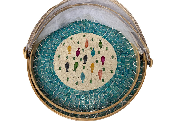 Bamboo Food Cover with Mother of Pearl Tray, Foldable Mesh Food Tent, Handmade Serving Tray, Fruit Cover, Kitchen Decor
