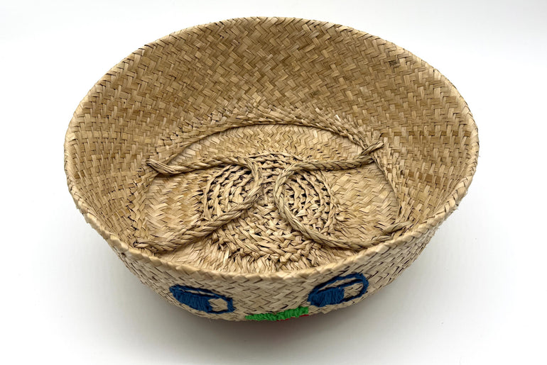 Bunny Face Seagrass Storage Basket with Handles, Foldable Woven Basket, Blanket Storage Bin, Boho Room Decor, 13.8in