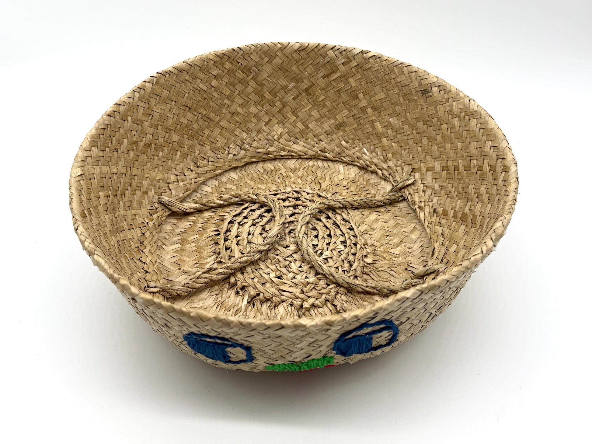 Bunny Face Seagrass Storage Basket with Handles, Foldable Woven Basket, Blanket Storage Bin, Boho Room Decor, 13.8in