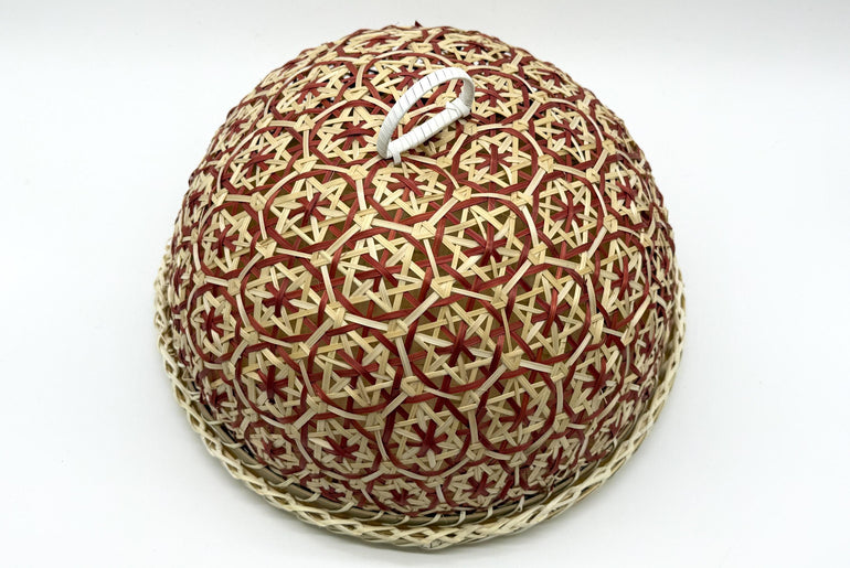 Round Bamboo Food Cover with Tray, Handwoven Floral Food Tent, Fruit Serving Dome, Fly Protection Cover, Picnic Food Cover, 13in