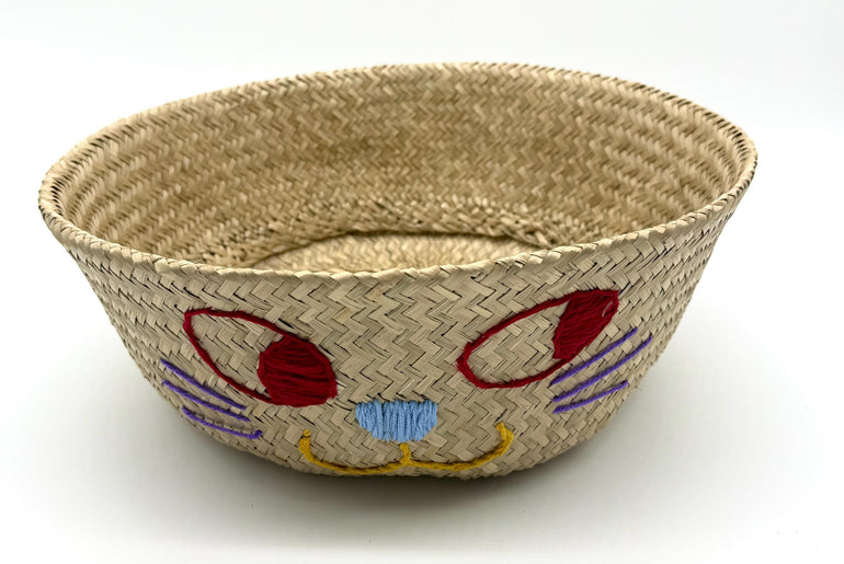 Cat Face Seagrass Storage Basket with Handles, Foldable Woven Laundry Basket, Decorative Organizer for Home, 13.8in