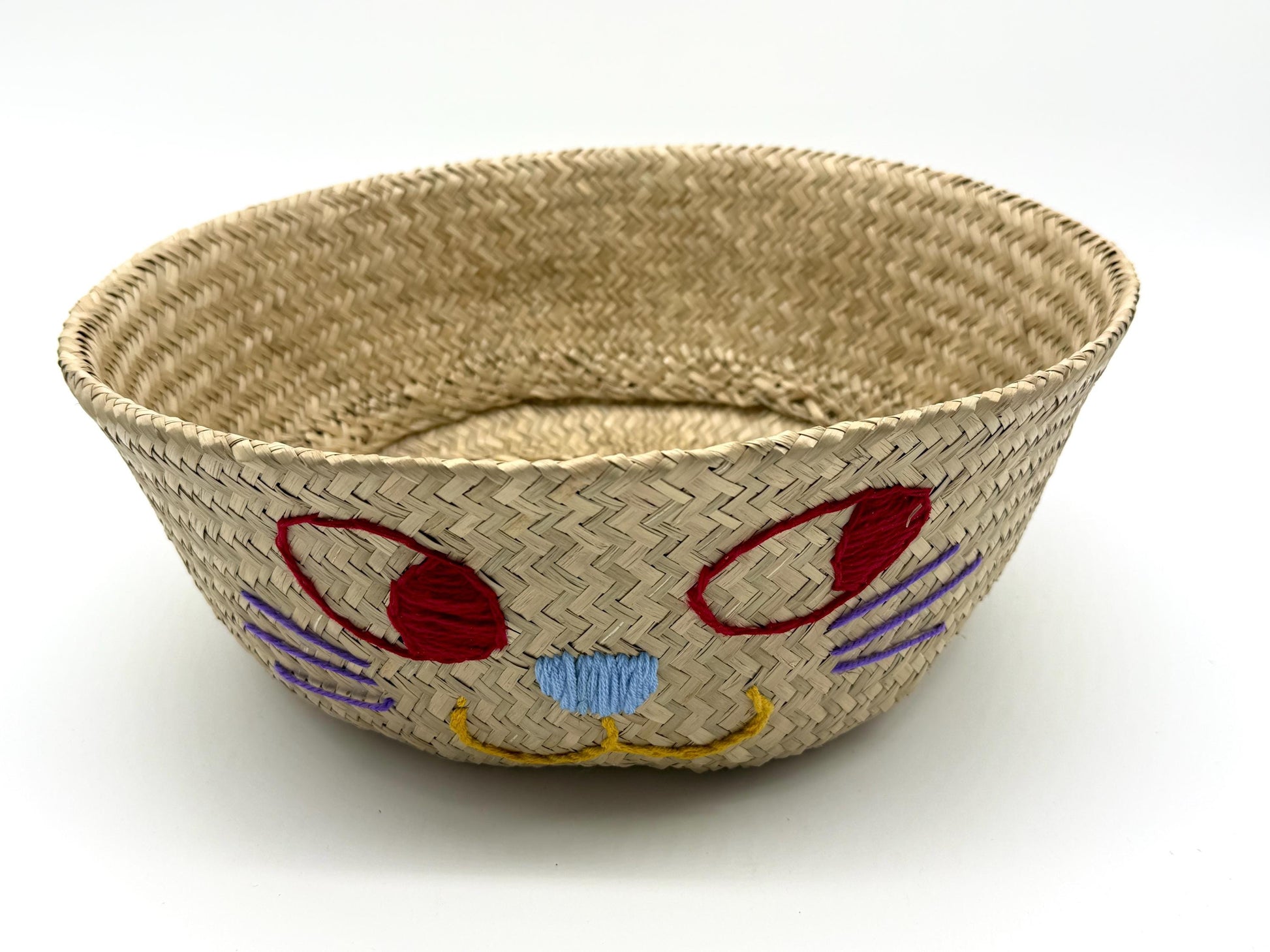 Cat Face Seagrass Storage Basket with Handles, Foldable Woven Laundry Basket, Decorative Organizer for Home, 13.8in