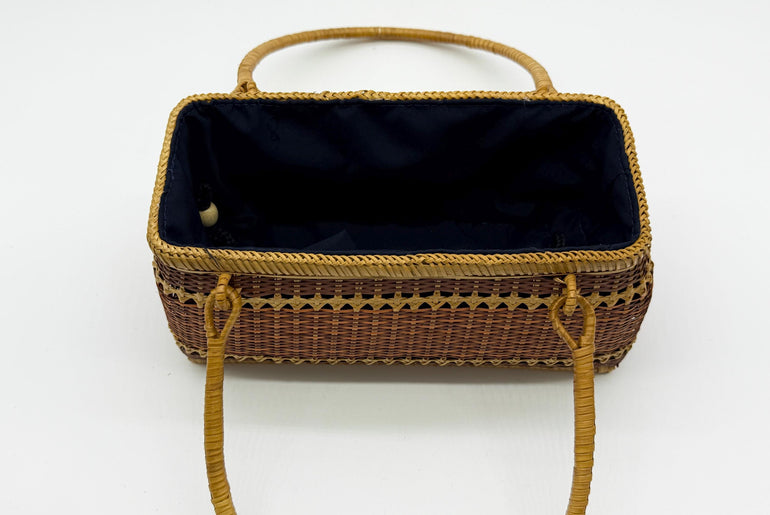 Handwoven Rectangular Bamboo Handbag, Wicker Basket Purse with Fabric Lining, Boho Top Handle Bag, Summer Tote, 9.4x3.9x10.2in