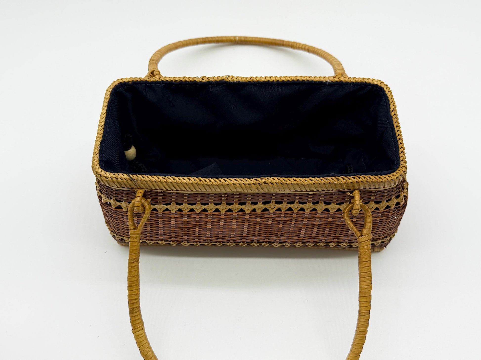 Handwoven Rectangular Bamboo Handbag, Wicker Basket Purse with Fabric Lining, Boho Top Handle Bag, Summer Tote, 9.4x3.9x10.2in