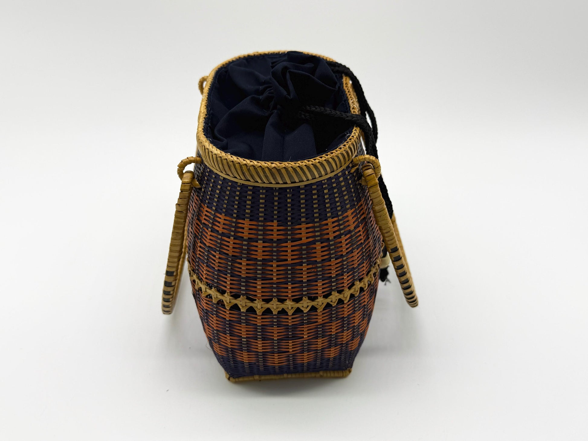 Small Bamboo Basket Handbag, Handmade Rattan Purse with Fabric Lining, Woven Summer Tote Bag, Boho Shoulder Bag, 7.1x3.5x12.2in