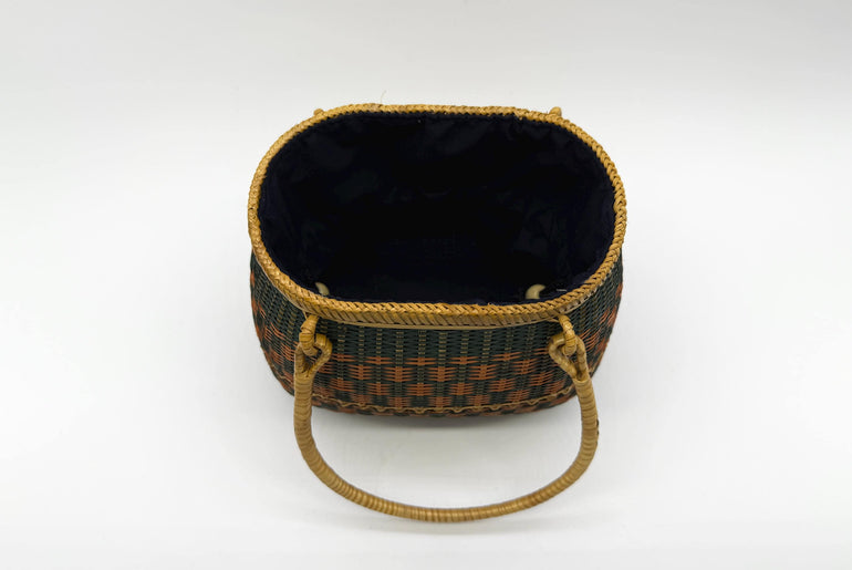 Small Bamboo Basket Handbag, Handmade Rattan Purse with Fabric Lining, Woven Summer Tote Bag, Boho Shoulder Bag, 7.1x3.5x12.2in