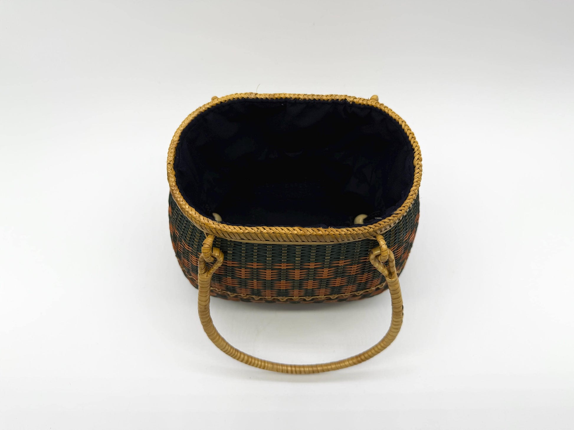 Small Bamboo Basket Handbag, Handmade Rattan Purse with Fabric Lining, Woven Summer Tote Bag, Boho Shoulder Bag, 7.1x3.5x12.2in