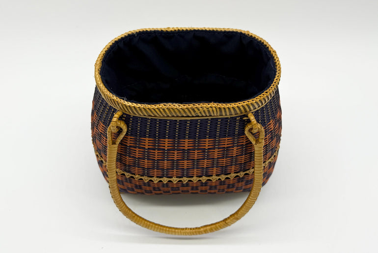 Small Bamboo Basket Handbag, Handmade Rattan Purse with Fabric Lining, Woven Summer Tote Bag, Boho Shoulder Bag, 7.1x3.5x12.2in