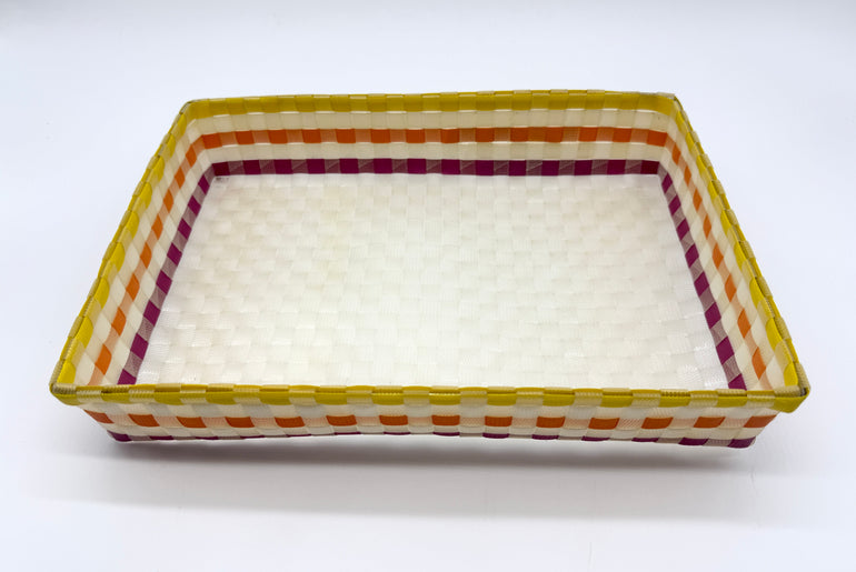 Handwoven Rectangular Plastic Tray, Colorful Woven Serving Tray, Boho Desk Paper Organizer, Waterproof Bathroom Vanity Tray, Striped Catchall